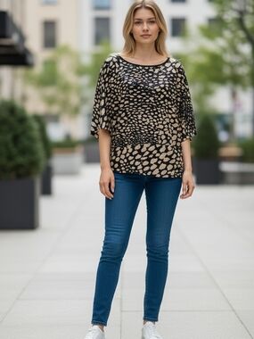 Animal Print Top By Clara S Large With Dolman Sleeve  in Black and Cream